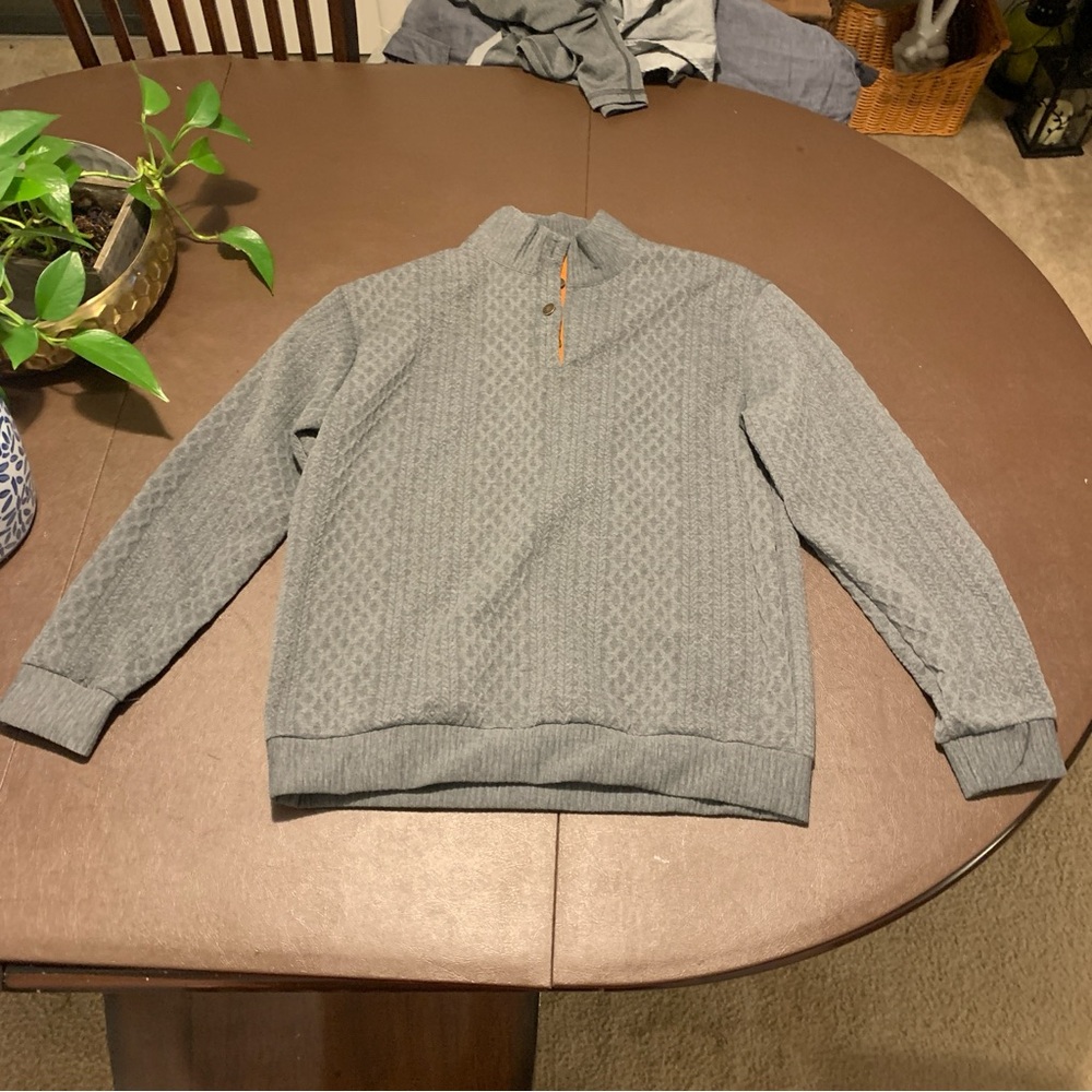 Cross & Crown Classic Mens Pullover Large Beige Elbow Pads Button High Collar